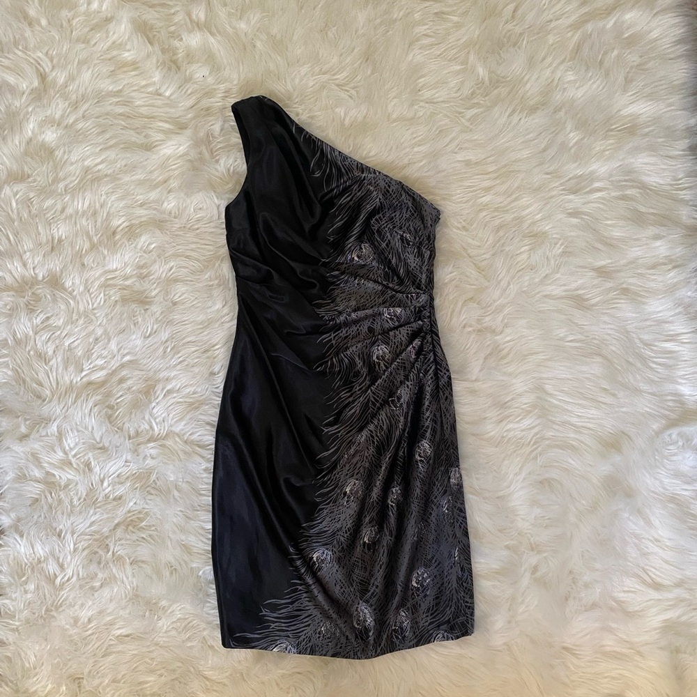Black One-shoulder Mid-length Dress with Silver Peacock Detailing